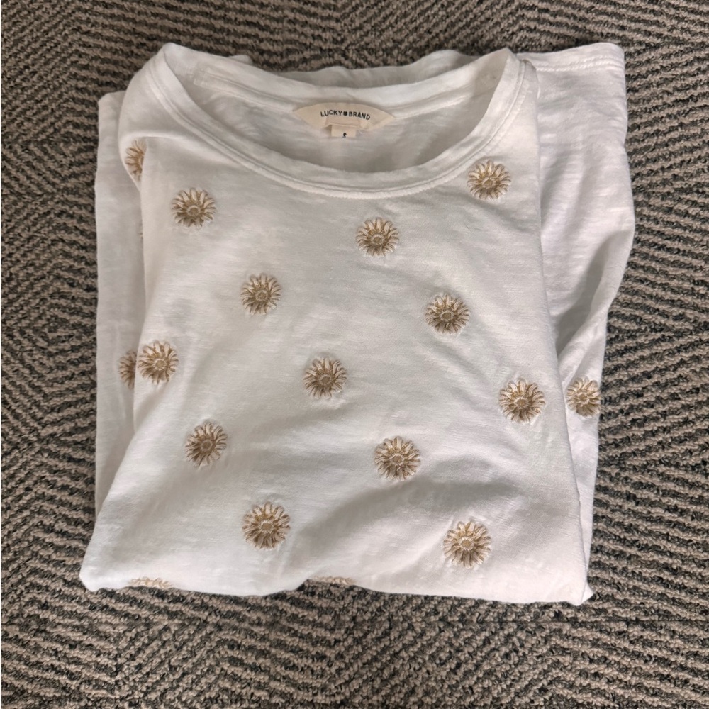Lucky Brand White Embroidered Sunburst Crewneck Top
